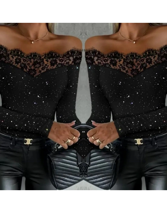 Kadın Uzun Kollu Güpürlü Madonna Yaka Taşlı Mikro Bluz