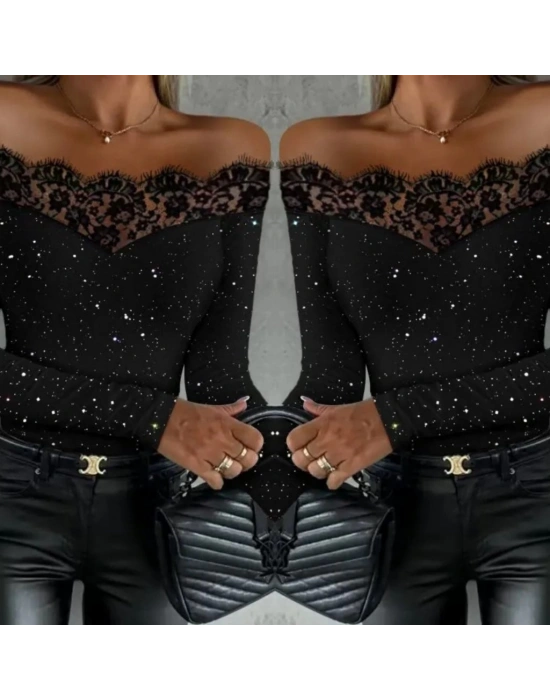 Kadın Uzun Kollu Güpürlü Madonna Yaka Taşlı Mikro Bluz