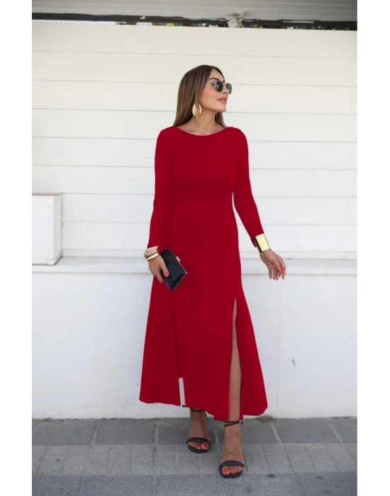 Kadın Uzun Kollu Hafif Kayık Yaka Sırt Dekolteli Yırtmaç Detaylı Viskon Tam Boy Elbise