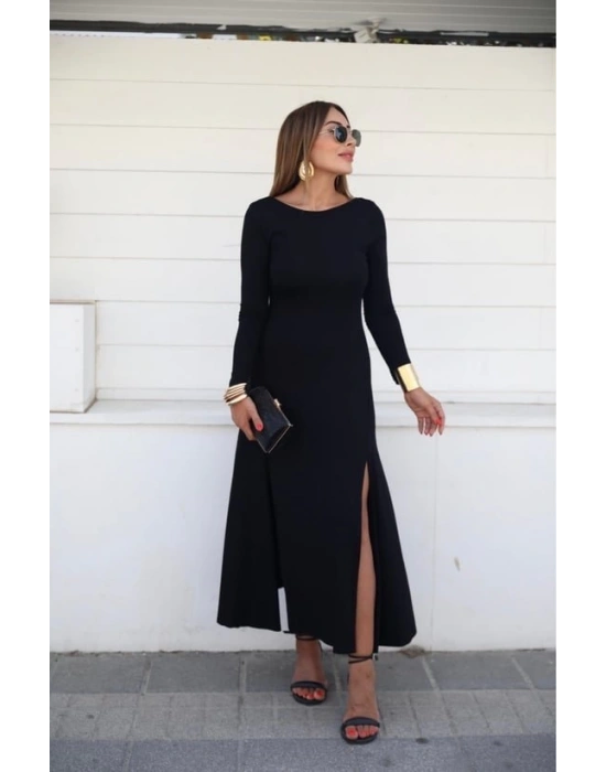 Kadın Uzun Kollu Hafif Kayık Yaka Sırt Dekolteli Yırtmaç Detaylı Viskon Tam Boy Elbise