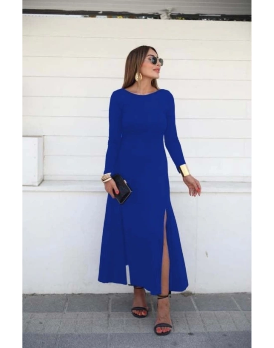 Kadın Uzun Kollu Hafif Kayık Yaka Sırt Dekolteli Yırtmaç Detaylı Viskon Tam Boy Elbise