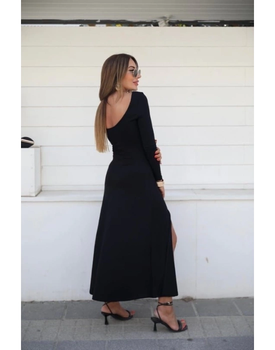 Kadın Uzun Kollu Hafif Kayık Yaka Sırt Dekolteli Yırtmaç Detaylı Viskon Tam Boy Elbise