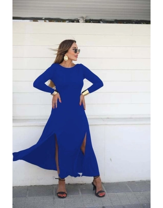 Kadın Uzun Kollu Hafif Kayık Yaka Sırt Dekolteli Yırtmaç Detaylı Viskon Tam Boy Elbise