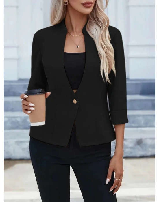 Kadın Uzun Kollu Hakim V Yaka Düğmeli Atlas Ceket