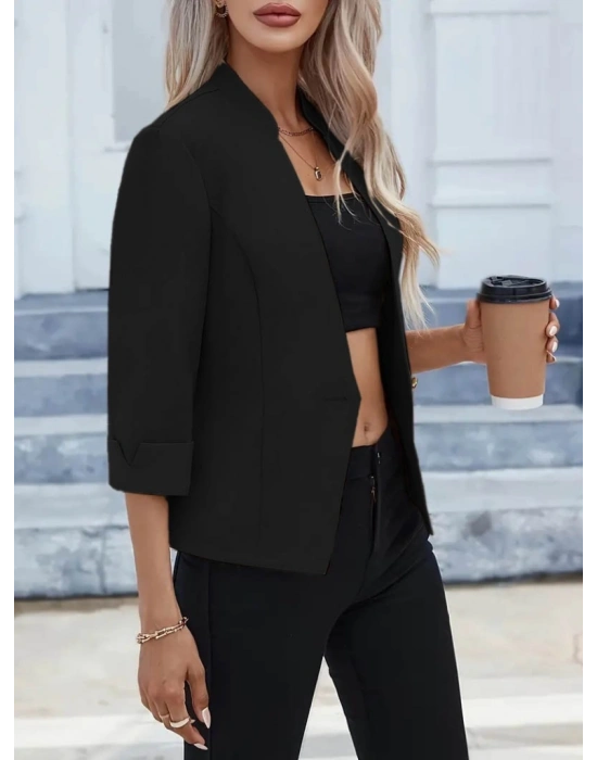 Kadın Uzun Kollu Hakim V Yaka Düğmeli Atlas Ceket