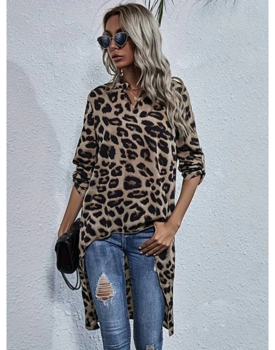 Kadın Uzun Kollu Hakim V Yakalı Leopar Desenli Asimetrik Kesim Süprem Bluz