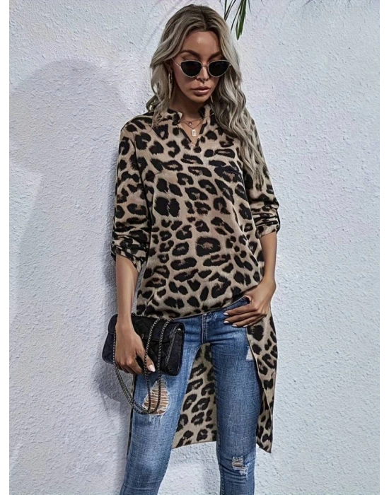 Kadın Uzun Kollu Hakim V Yakalı Leopar Desenli Asimetrik Kesim Süprem Bluz