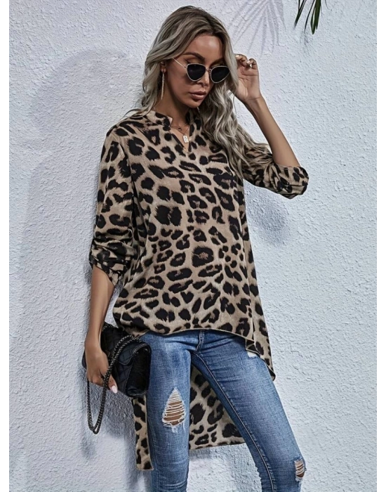 Kadın Uzun Kollu Hakim V Yakalı Leopar Desenli Asimetrik Kesim Süprem Bluz