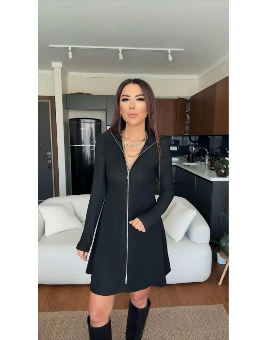 Kadın Uzun Kollu Hakim Yaka Ayarlanabilir Fermuar Dekolteli Mini Elbise