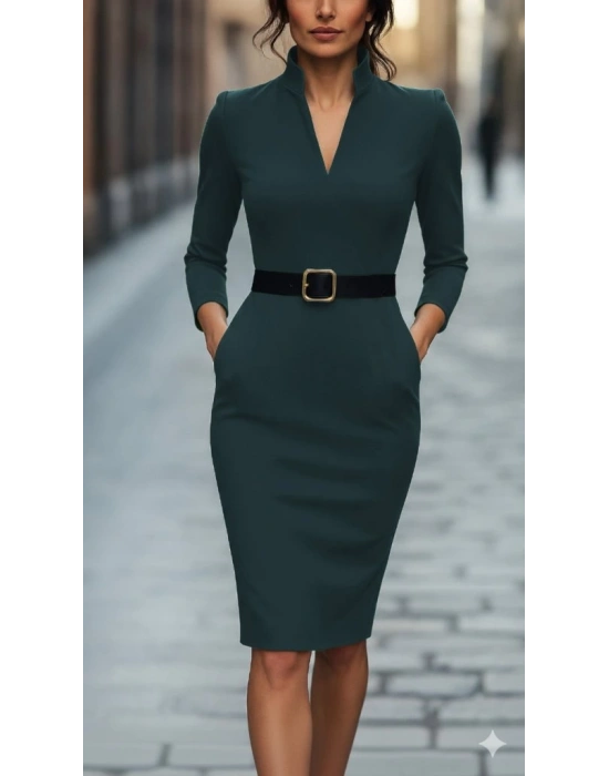 Kadın Uzun Kollu Hakim Yaka Beli Kemerli Cepli Midi Ithal Krep Elbise