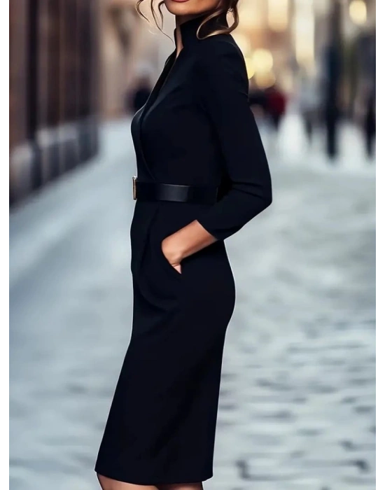 Kadın Uzun Kollu Hakim Yaka Beli Kemerli Cepli Midi Ithal Krep Elbise
