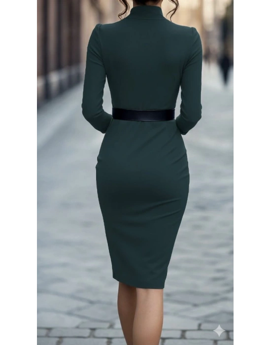 Kadın Uzun Kollu Hakim Yaka Beli Kemerli Cepli Midi Ithal Krep Elbise