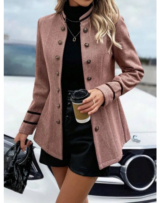 Kadın Uzun Kollu Hakim Yaka Düğme Detaylı Mini Dokuma Ceket