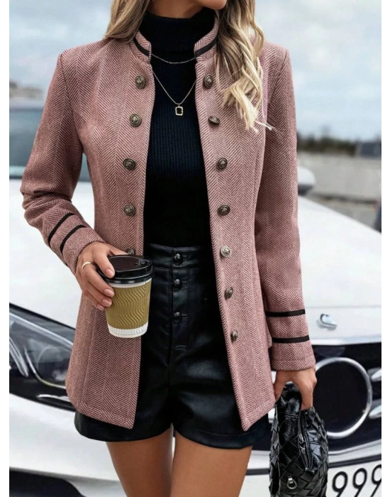 Kadın Uzun Kollu Hakim Yaka Düğme Detaylı Mini Dokuma Ceket