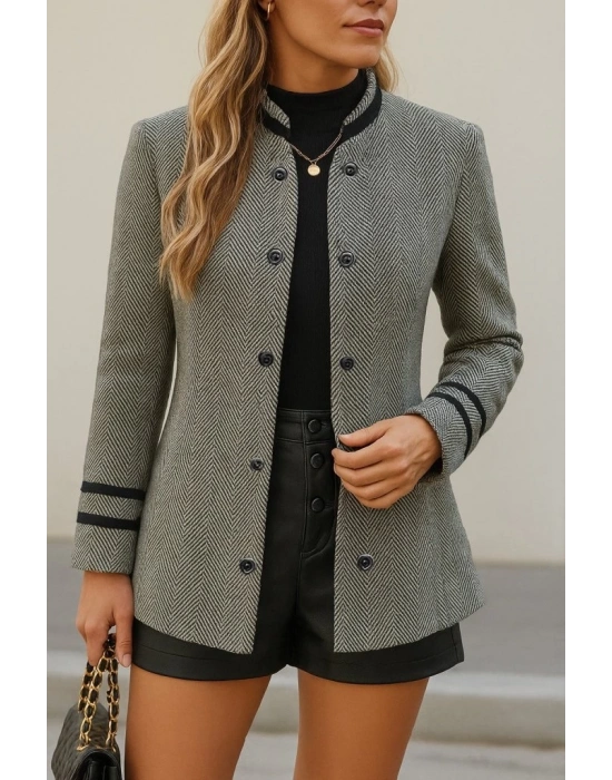 Kadın Uzun Kollu Hakim Yaka Düğme Detaylı Mini Dokuma Ceket