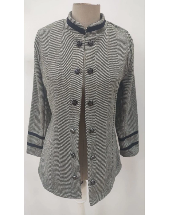 Kadın Uzun Kollu Hakim Yaka Düğme Detaylı Mini Dokuma Ceket