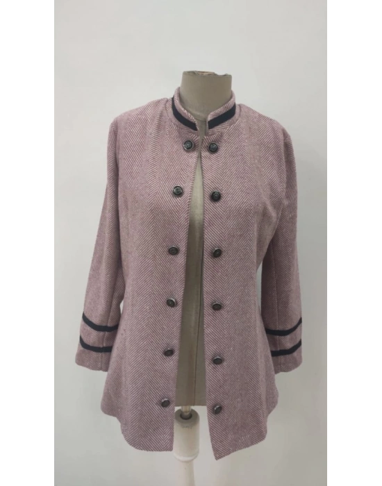 Kadın Uzun Kollu Hakim Yaka Düğme Detaylı Mini Dokuma Ceket