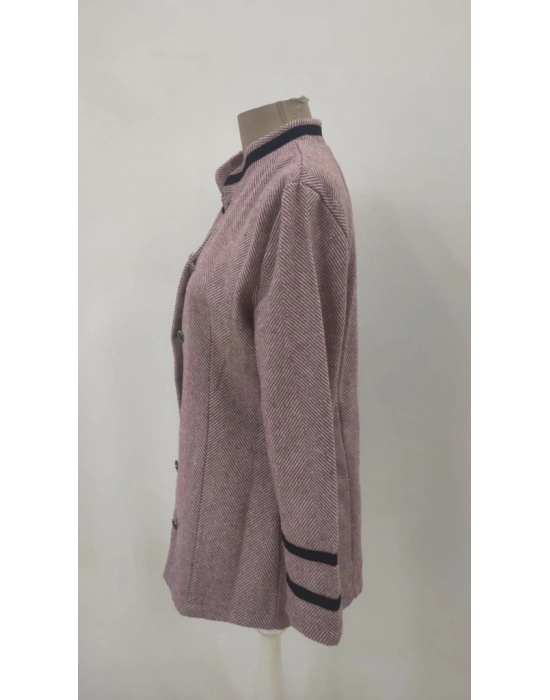 Kadın Uzun Kollu Hakim Yaka Düğme Detaylı Mini Dokuma Ceket