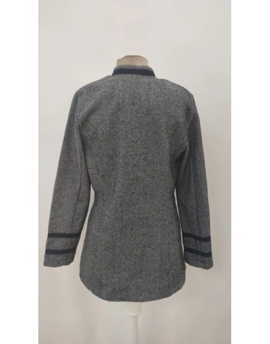 Kadın Uzun Kollu Hakim Yaka Düğme Detaylı Mini Dokuma Ceket