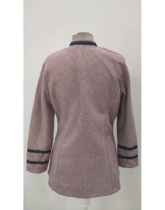 Kadın Uzun Kollu Hakim Yaka Düğme Detaylı Mini Dokuma Ceket