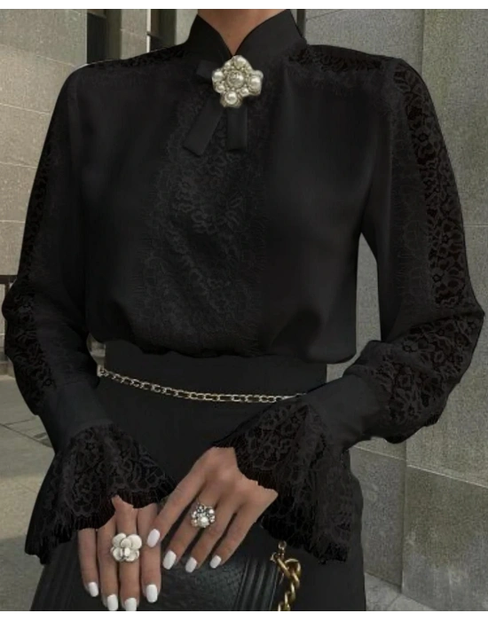 Kadın Uzun Kollu Hakim Yaka Ithal Dantel Detay Gömlek