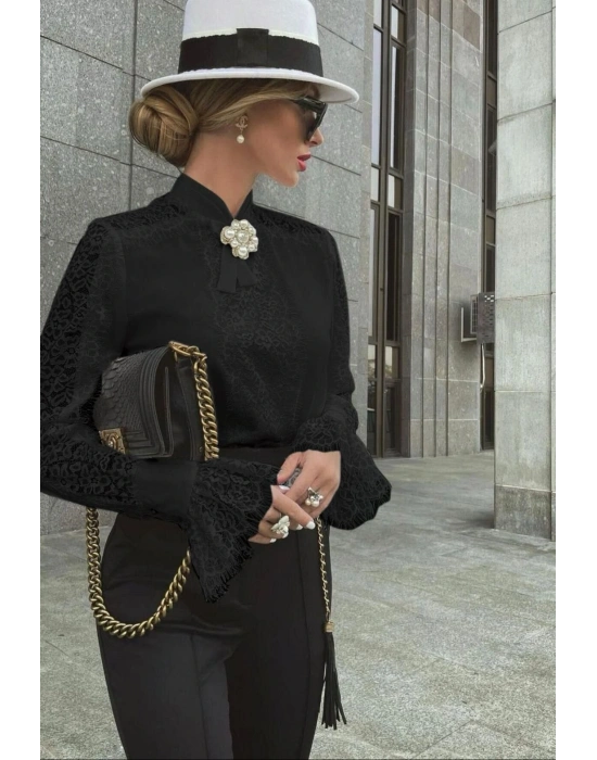 Kadın Uzun Kollu Hakim Yaka Ithal Dantel Detay Gömlek