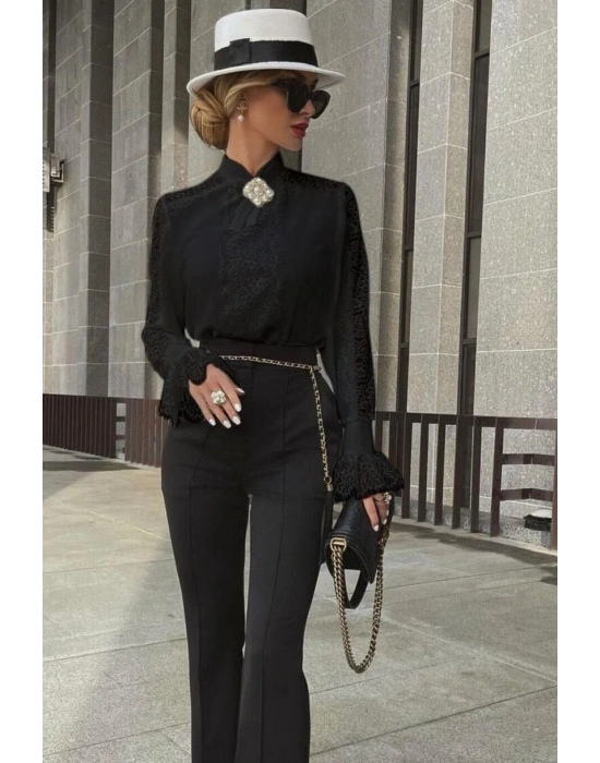 Kadın Uzun Kollu Hakim Yaka Ithal Dantel Detay Gömlek