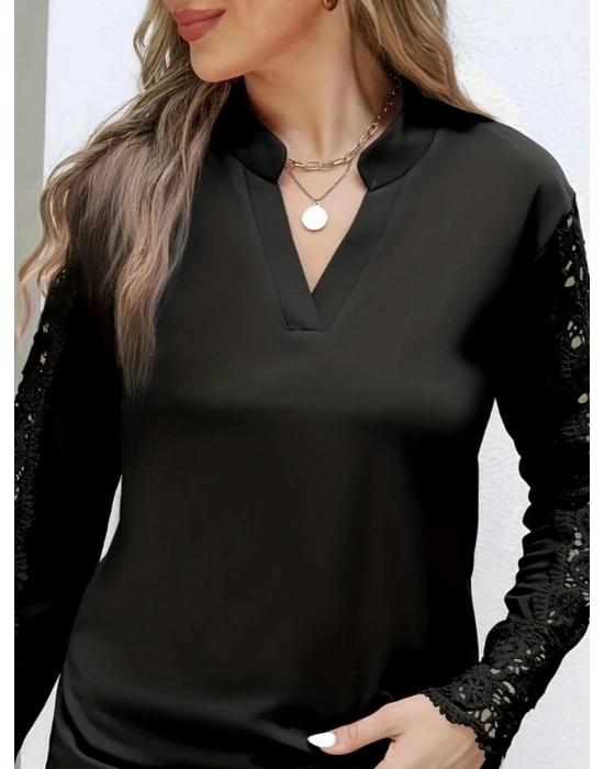 Kadın Uzun Kollu Hakim Yaka Kolları Dantel Detaylı Ithal Krep Bluz