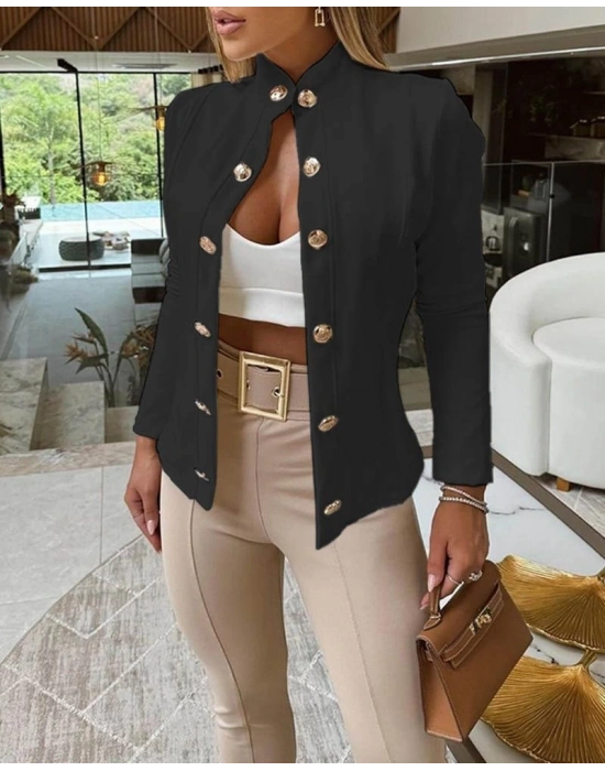 Kadın Uzun Kollu Hakim Yaka önden Düğmeli Atlas Ceket