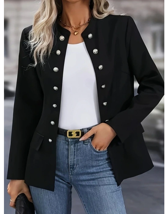 Kadın Uzun Kollu Hakim Yaka önden Düğmeli Kısa Atlas Ceket