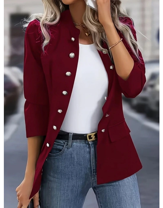 Kadın Uzun Kollu Hakim Yaka önden Düğmeli Kısa Atlas Ceket