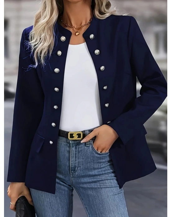 Kadın Uzun Kollu Hakim Yaka önden Düğmeli Kısa Atlas Ceket