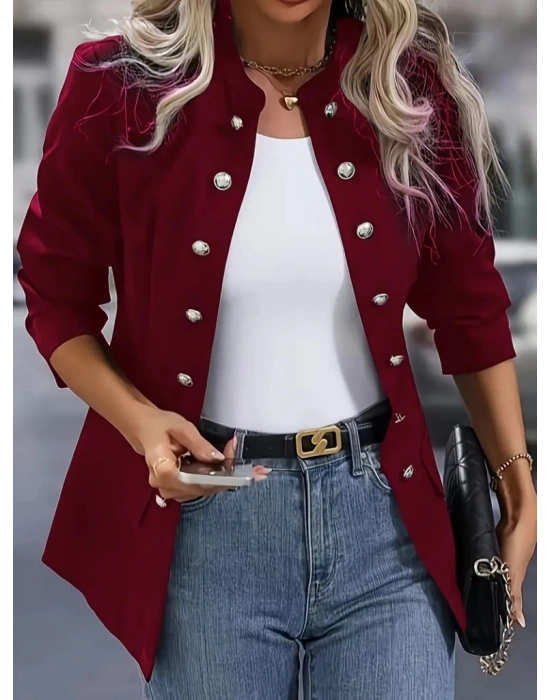 Kadın Uzun Kollu Hakim Yaka önü Açık Düğme Detaylı Atlas Ceket