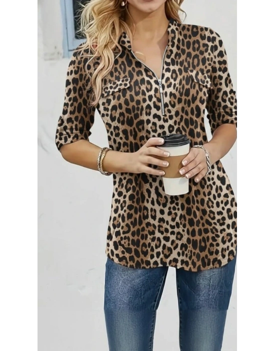 Kadın Uzun Kollu Hakim Yaka Yakadan Fermuarlı Geometrik Desenli Süprem Bluz