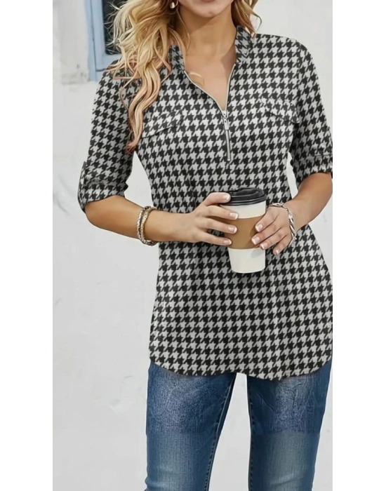 Kadın Uzun Kollu Hakim Yaka Yakadan Fermuarlı Geometrik Desenli Süprem Bluz