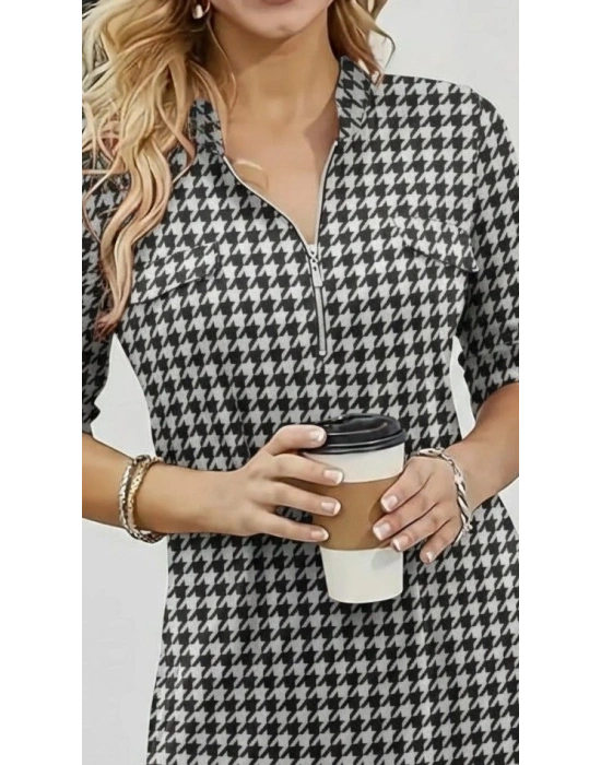 Kadın Uzun Kollu Hakim Yaka Yakadan Fermuarlı Geometrik Desenli Süprem Bluz