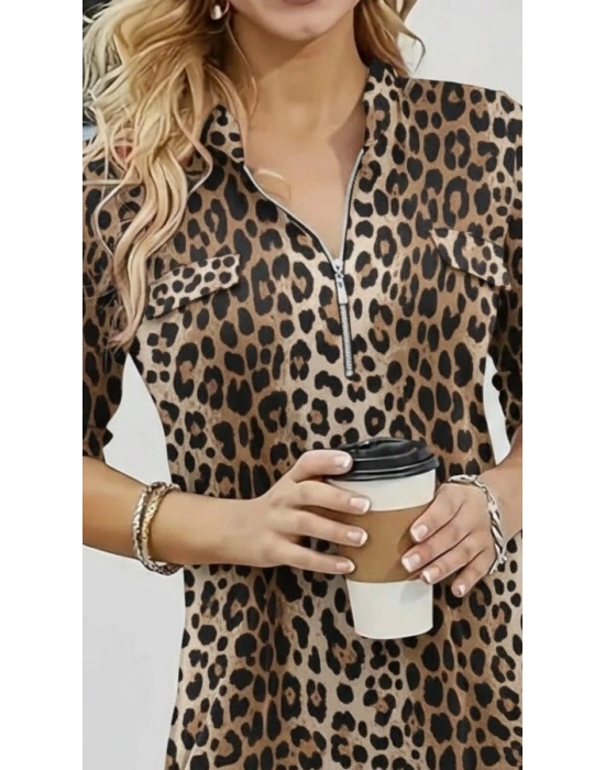 Kadın Uzun Kollu Hakim Yaka Yakadan Fermuarlı Geometrik Desenli Süprem Bluz