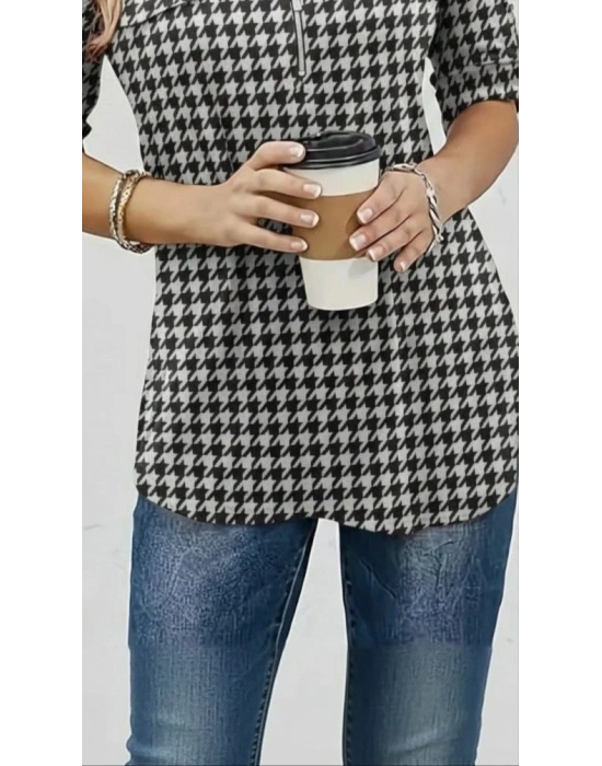 Kadın Uzun Kollu Hakim Yaka Yakadan Fermuarlı Geometrik Desenli Süprem Bluz