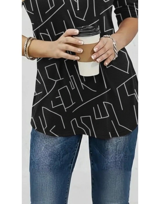 Kadın Uzun Kollu Hakim Yaka Yakadan Fermuarlı Geometrik Desenli Süprem Bluz