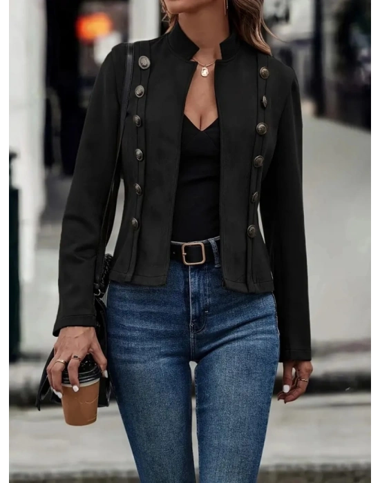 Kadın Uzun Kollu Hakim Yaka Yanlardan Düğmeli Kısa Süet Ceket