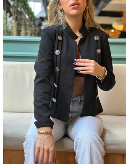 Kadın Uzun Kollu Hakim Yaka Yanlardan Düğmeli Kısa Süet Ceket