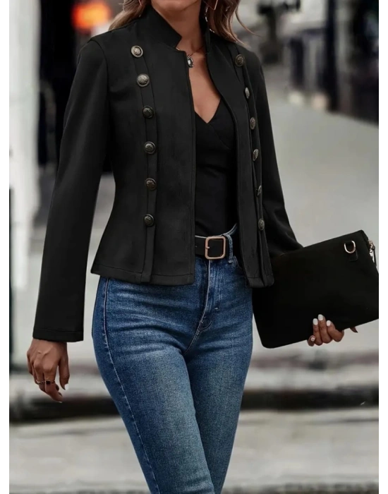Kadın Uzun Kollu Hakim Yaka Yanlardan Düğmeli Kısa Süet Ceket