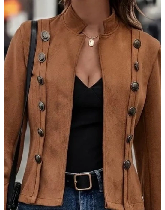 Kadın Uzun Kollu Hakim Yaka Yanlardan Düğmeli Kısa Süet Ceket
