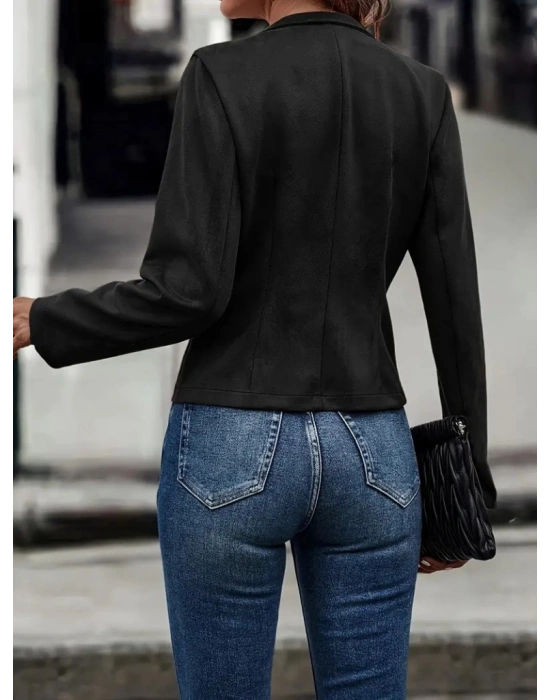 Kadın Uzun Kollu Hakim Yaka Yanlardan Düğmeli Kısa Süet Ceket