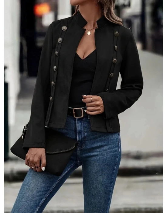 Kadın Uzun Kollu Hakim Yaka Yanlardan Düğmeli Kısa Süet Ceket