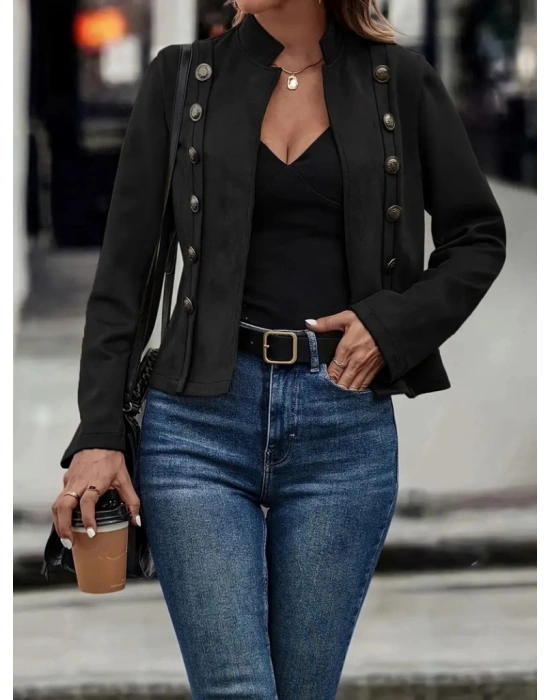 Kadın Uzun Kollu Hakim Yaka Yanlardan Düğmeli Kısa Süet Ceket