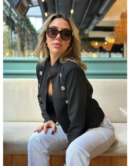 Kadın Uzun Kollu Hakim Yaka Yanlardan Düğmeli Kısa Süet Ceket