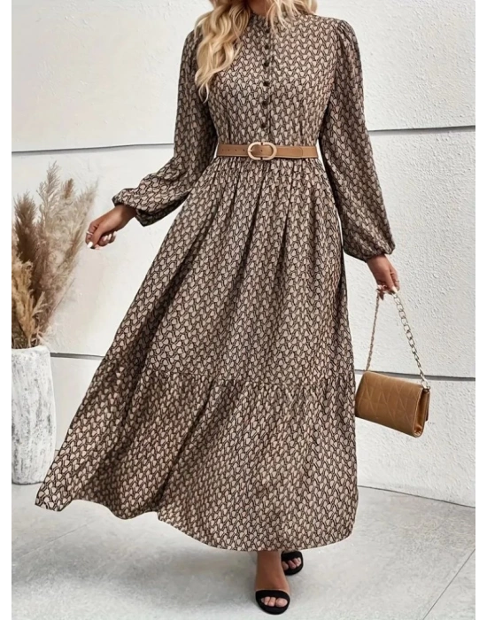 Kadın Uzun Kollu Hakim Yakalı Düğmeli Kemersiz Desenli Maxi Süprem Elbise