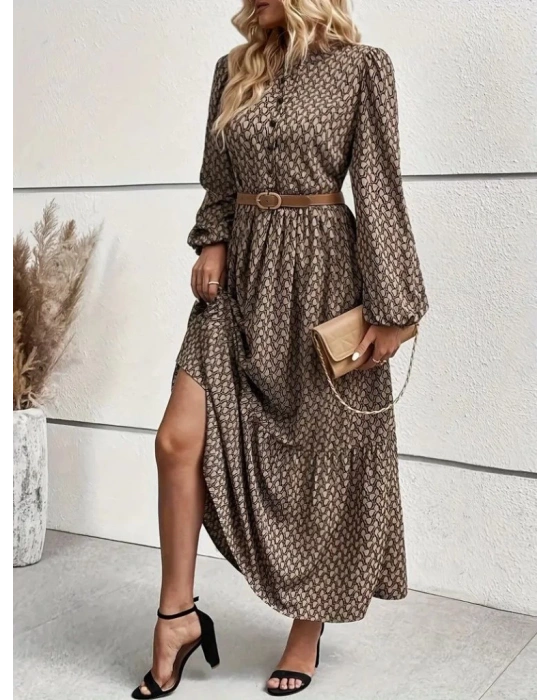 Kadın Uzun Kollu Hakim Yakalı Düğmeli Kemersiz Desenli Maxi Süprem Elbise
