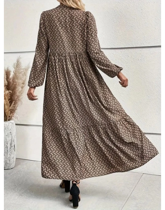 Kadın Uzun Kollu Hakim Yakalı Düğmeli Kemersiz Desenli Maxi Süprem Elbise